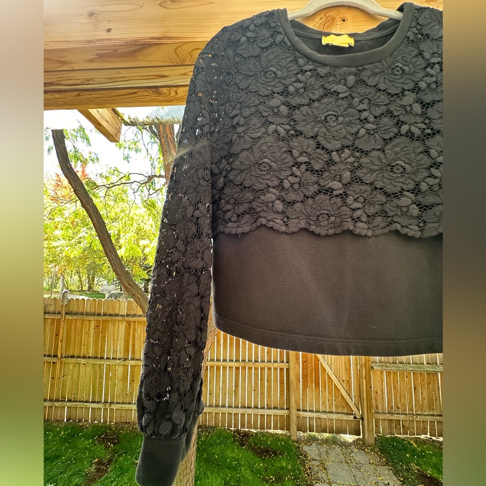 Anthropologie Maeve Lace Floral Black Top Blouse Sweatshirt small - Picture 6 of 16